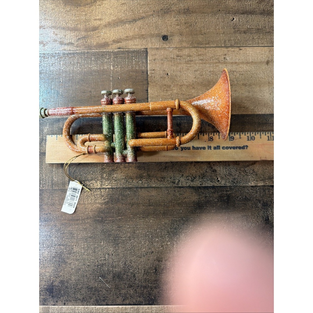Vintage Style Glitter Trumpet Christmas Ornament Patina Orange Green Musical - Picture 12 of 13